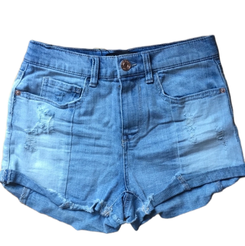 Distressed light wash denim jean shorts